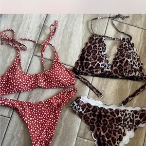 Red Floral Bikini Set + Leopard Scalloped Bikini Set